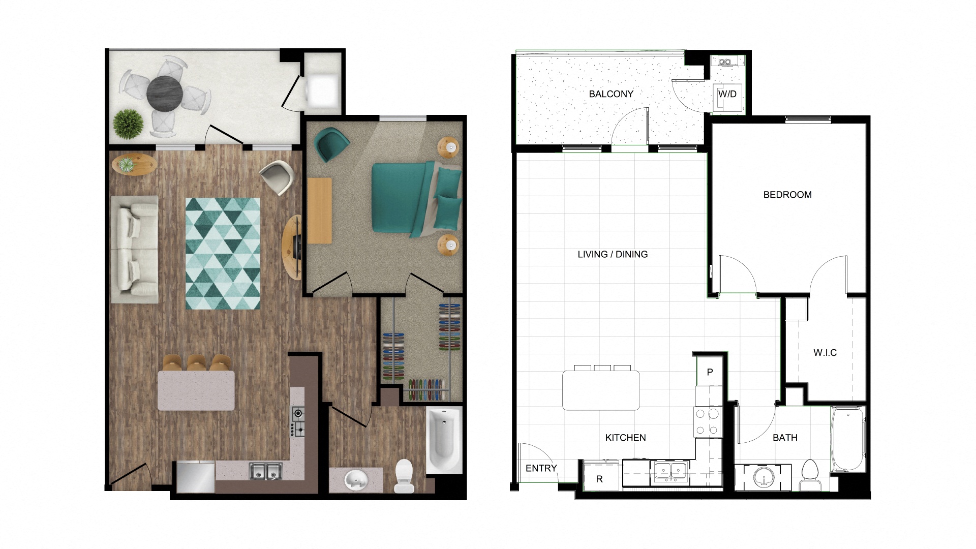 Floor plan for 1 bed, 1 bath, 770 sqft